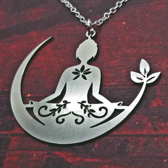 Buddha in Yoga & Crescent Moon Silver Necklace - Picture 2 of 4
